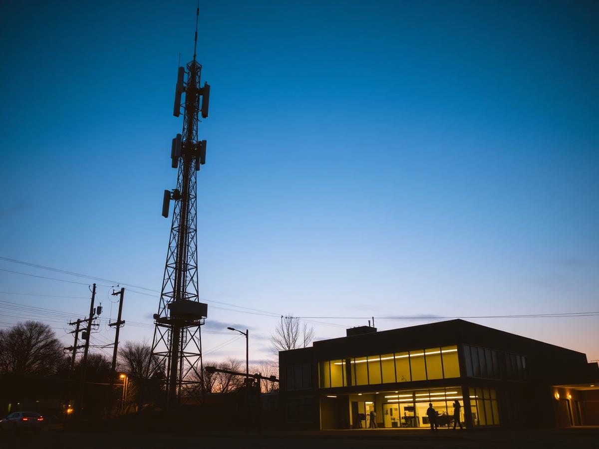 Antena de transmisión AM/FM junto a un estudio de radio al atardecer