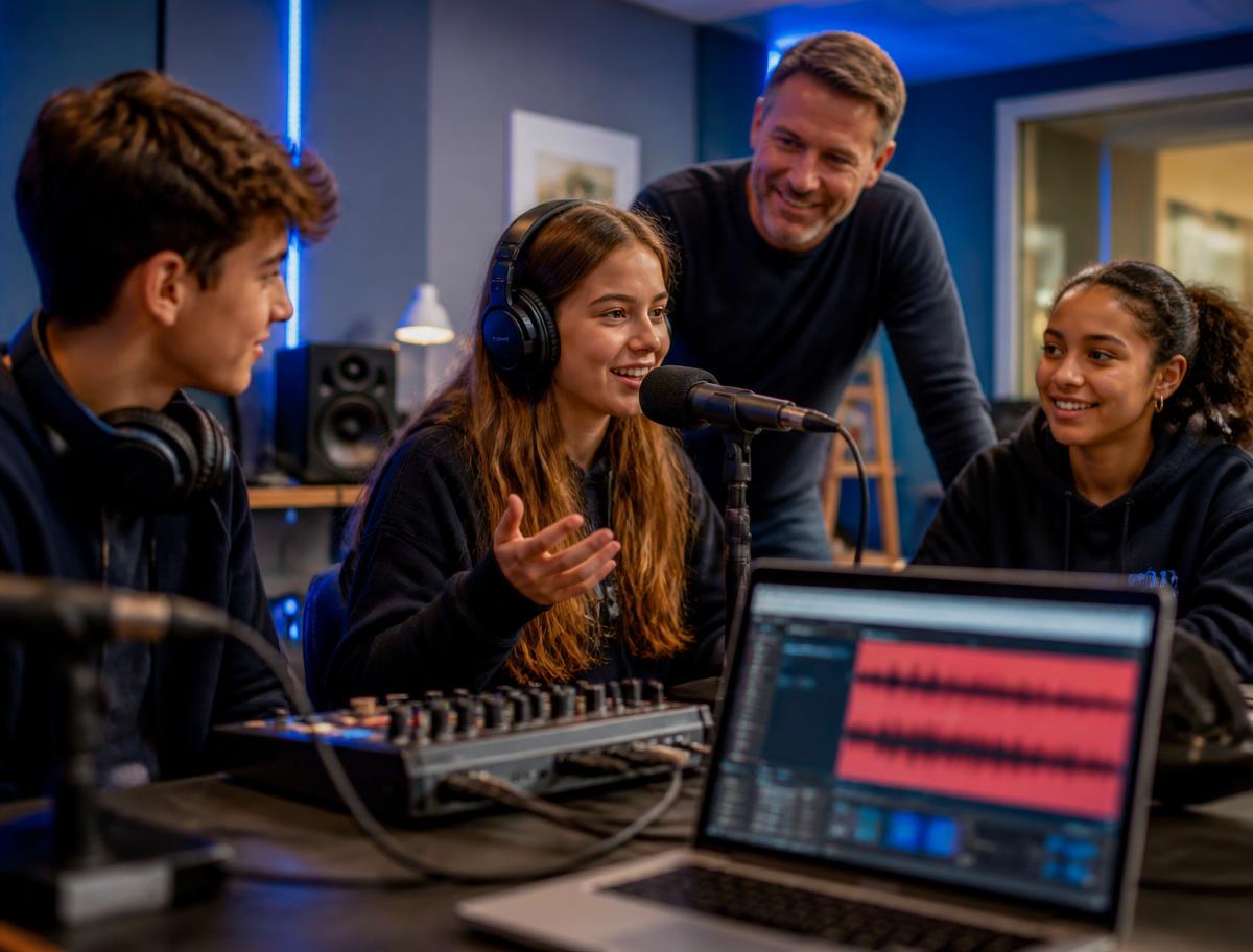 Estudiantes y profesor en un estudio de radio escolar moderno